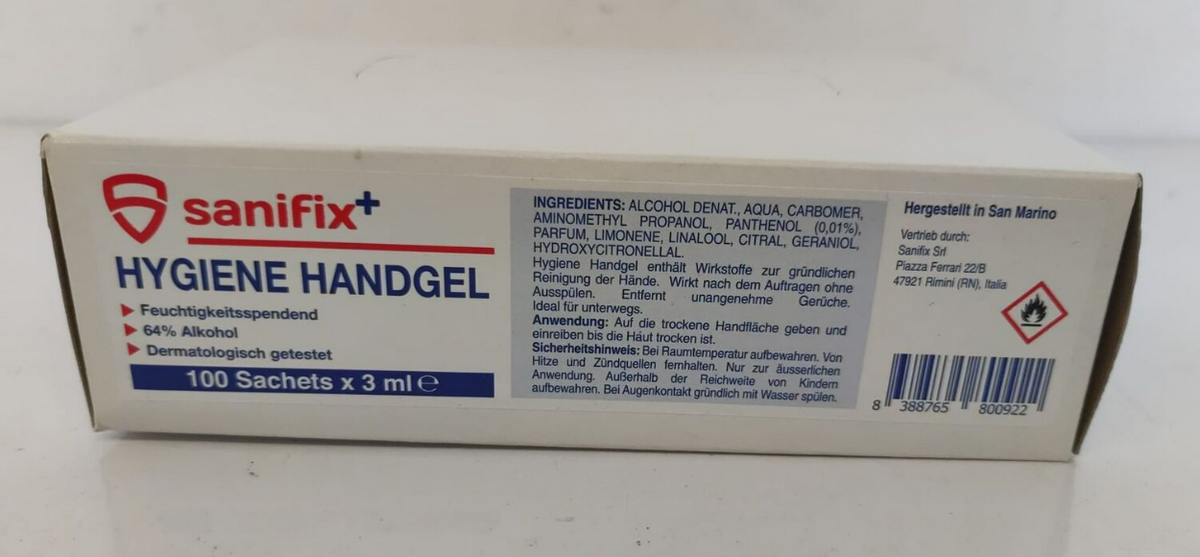 Hygiene Handgel Desinfektionsmittel Box, 100 x 3 ml, schonend, Sanifix