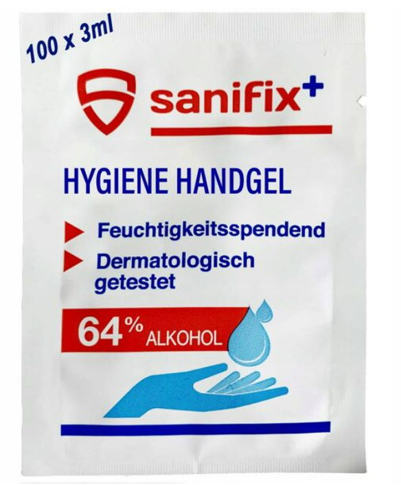 Hygiene Handgel Desinfektionsmittel Box, 100 x 3 ml, schonend, Sanifix